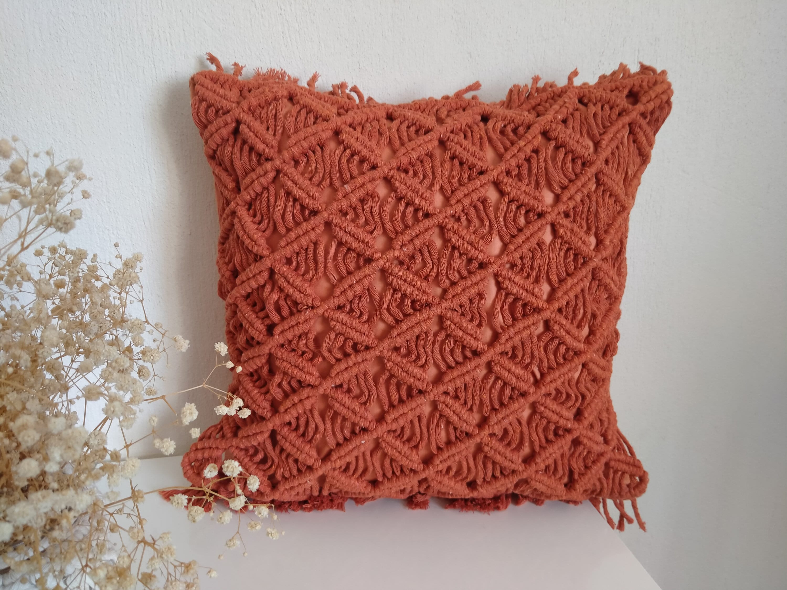 Burnt Orange Floral Hand Knotted Macrame Lumbar Throw Pillow Cover bohemian Decoration Pillows outdoor cushion home Decor Etsy