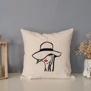 Hand Embroidered Pillow Cover,Woman Portrait Of Linen Pillow, Emroidered Cotton Pillow Cover,Decorative Pillows,Design Pillow, Handicraft
