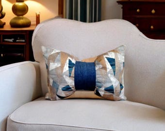 Velvet Decorative Bow Pillow with Gray and Navy Geometric Pattern - 12x18"