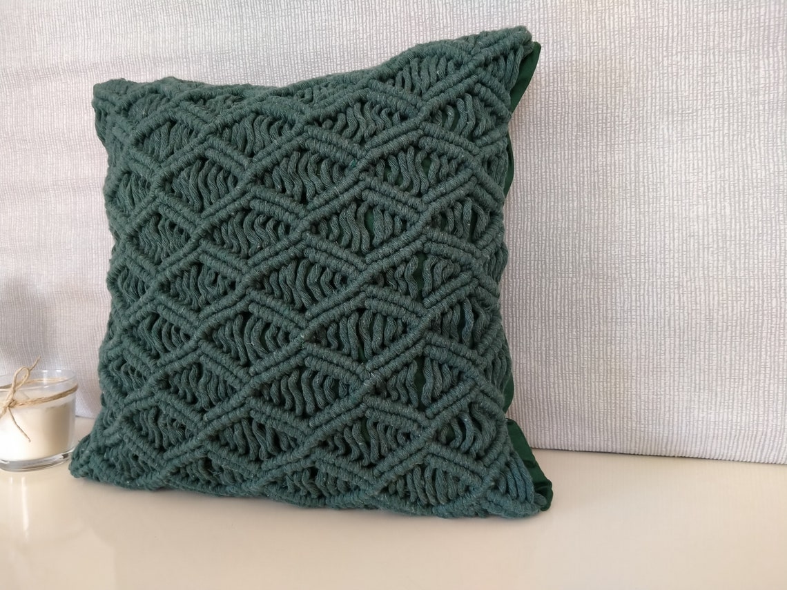 Emerald Green Hand Knotted Macrame Pillow Cover// Knotted Etsy