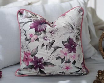 Funda de almohada de terciopelo con ribetes decorativos únicos y estampados florales