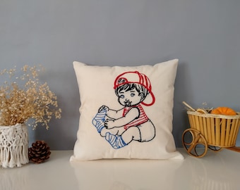 Capa de almofada com padrão de bebê bordado à mão, fronha de linho costurada à mão, travesseiro de algodão bordado, almofada lombar, decoração de quarto de criança