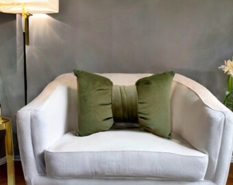 Stylish Olive Green Velvet  Bow Pillow Cover,Birthday gift,Housewarming Gift,Nursery Decor-12x18"
