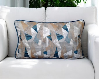 Funda de almohada con ribetes de terciopelo con estampado geométrico gris y azul marino, almohadas modernas, regalo de cumpleaños, 18x18,20x20
