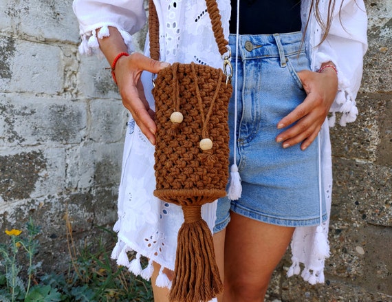 Cylinder Camel Macrame Shoulder Bag//round Long Strap 