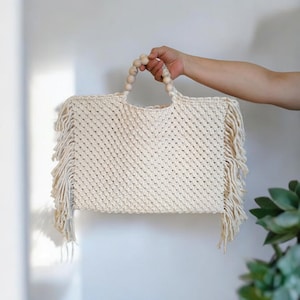 Macrame Ivory Fringed Wooden Beaded Bag, Clutch Bag ,Handmade Bag ,Summer Bag ,Macrame Large Bag ,Tassel Bag ,Valentine's Day Gift