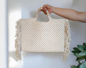 Bolso de macramé con flecos de madera color marfil, bolso de mano, bolso hecho a mano, bolso de verano, bolso grande de macramé, bolso con borlas, regalo de San Valentín.