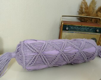 Lilac Macrame Bolster Pillow, Decorative Bolster Pillow, Lumbar Macrame Throw Pillow,For Yoga