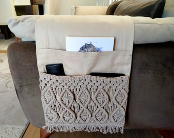 Camel Macrame Armrest Organizer,Remote Control Holder,Magazine Organizer,Storage Basket,Armchair Organizer,Boho Gift