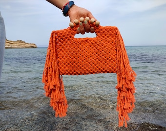 Macrame Orange Fringed Wooden Beaded Bag, Clutch bag ,Handmade Bag ,Summer Mini Bag ,Macrame Small bag ,Valentine&#39;s day gift ,Tassel bag