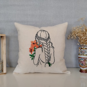 Hand Embroidery Flowering Girl Pattern Pillow Cover,Linen Pillow Case ,Emroidered Cotton Pillow Cover,Decorative Pillows ,Handicraft