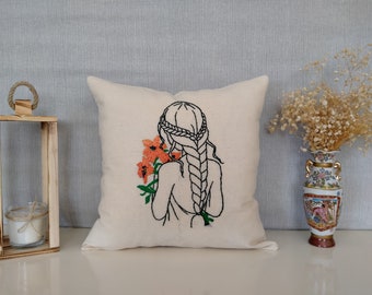 クッションカバーのPDF刺繍パターン、リネン枕カバーの植物柄デザイン
