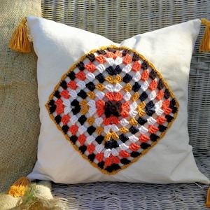 Crochet Pillow Cover, Colorful Square Crochet Pillow Cover, Cushion Cover, Bohemian Pillow Case, Fringed pillow