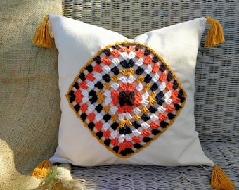 Crochet Pillow Cover, Colorful Square Crochet Pillow Cover, Cushion Cover, Bohemian Pillow Case, Fringed pillow