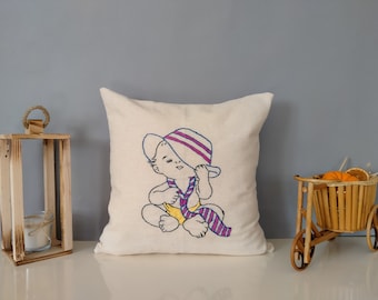 Capa de almofada bordada à mão, capa de almofada de linho de bebê, capa de almofada bordada à mão, design de travesseiro, decoração de casa, decoração de quarto de criança