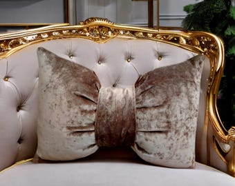 Luxurious Camel Velvet Decorative Bow Pillow 12x18"-Housewarming gift-Interior Accessory-Stylish Bow Pillow