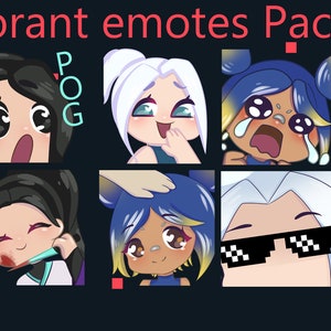 May include: A set of six Valorant emotes featuring different characters with various expressions. The emotes are in a grid format with a blue background. The text "Valorant emotes Pack 1" is at the top of the image and the text "£6.00" is at the bottom.