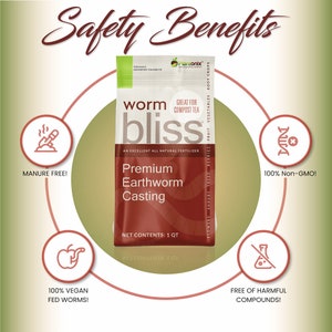 Op de afbeelding: Een rode en witte zak met wormenmest-meststof met het label "worm bliss" met de tekst "Premium Earthworm Casting" en "Net Contents: 1 qt". De zak is omgeven door vier cirkels met pictogrammen en tekst die de voordelen van het product beschrijven: "Manure Free!", "100% Vegan Fed Worms!", "Free of Harmful Compounds!" en "100% Non-GMO!"