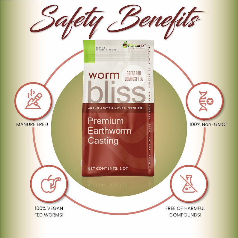 Op de afbeelding: Een rode en witte zak met wormenmest-meststof met het label "worm bliss" met de tekst "Premium Earthworm Casting" en "Net Contents: 1 qt". De zak is omgeven door vier cirkels met pictogrammen en tekst die de voordelen van het product beschrijven: "Manure Free!", "100% Vegan Fed Worms!", "Free of Harmful Compounds!" en "100% Non-GMO!"