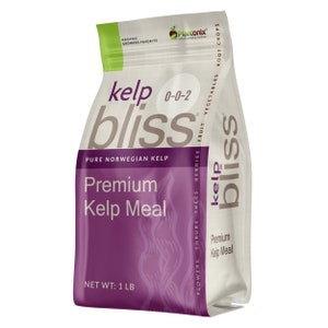 May include: A white bag with a purple design featuring the text "kelp bliss" and "Premium Kelp Meal". The bag is labeled with the text "0-0-2" and "Pure Norwegian Kelp". The bag is labeled with the text "Organic Growers Favorite" and "Plantonix". The bag is labeled with the text "Flowers, Shrubs, Trees, Berries, Fruit, Vegetables, Root Crops". The bag is labeled with the text "Net Wt: 1 lb".