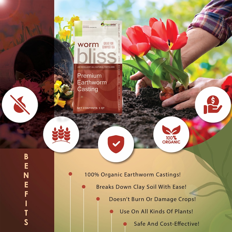 Op de afbeelding: Een zak met worm bliss premium wormenmest, een 100% organische meststof. De zak is rood en wit met de tekst "worm bliss" en "Premium Earthworm Casting". De zak ligt op een bruine ondergrond met een hand die een plant vasthoudt.