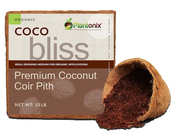 May include: A brown and white package of organic coco coir pith, labeled "Coco bliss" and "Premium Coconut Coir Pith". The package is 10 pounds and is made by Plantonix. A brown coir pot filled with coir pith is shown in the lower right corner of the image.