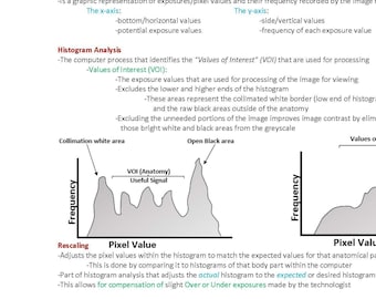 Puede incluir: Un diagrama que ilustra el concepto de histogramas en el procesamiento de imágenes digitales. El diagrama muestra dos histogramas, uno que representa la frecuencia de los valores de píxeles en una imagen y el otro que representa la frecuencia de los valores de píxeles después de la reescalación. El diagrama también incluye texto que explica los conceptos de "Valores de interés" (VOI), reescalado y tablas de búsqueda (LUT).