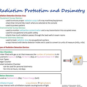 May include: Diagram illustrating the use of ionization chambers and scintillation detectors for radiation protection and dosimetry. The diagram shows how x-rays interact with the detectors to measure radiation levels. The text explains the different types of detectors and their uses.