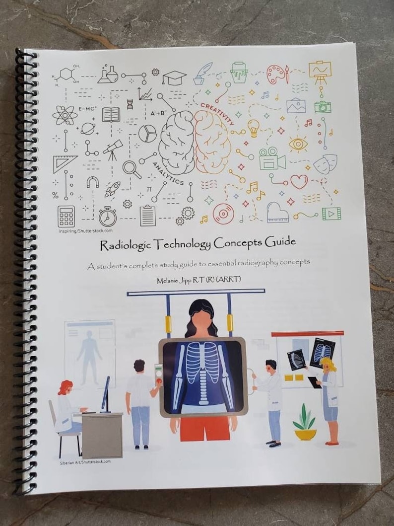 Puede incluir: Un libro encuadernado en espiral titulado "Radiologic Technology Concepts Guide". La portada presenta una colorida ilustraci&oacute;n de un cerebro, im&aacute;genes m&eacute;dicas y diagramas. El libro es una gu&iacute;a de estudio de conceptos de radiograf&iacute;a.