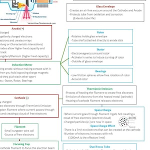 Puede incluir: Diagrama de un tubo de rayos X con componentes y efectos etiquetados. Incluye la carcasa del tubo, la envoltura de vidrio, el &aacute;nodo, el c&aacute;todo, el rotor, el estator y el filamento. El texto explica la funci&oacute;n de cada parte y el proceso de producci&oacute;n de rayos X.