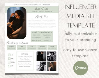May include: A green and white media kit template for influencers. The template includes a photo of a woman, text about her audience, brands she's worked with, and services she offers. The text includes the words "Influencer Media Kit Template" and "fully customizable to your branding".