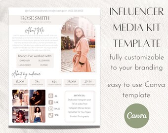 May include: A media kit template for social media influencers. The template is customizable and easy to use with Canva. The template includes sections for about me, brands worked with, audience demographics, services offered, and social media handles.