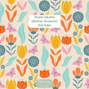 Retro-Tulpen und Schmetterlinge im Folk-Stil, handgezeichnetes nahtloses Muster (PNG) – Blumendesign für Stoffe und Tapeten
