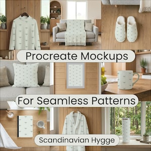 May include: A collection of home decor items with a dragonfly pattern, including a sweatshirt, throw blanket, pillow, framed art, slippers, mug, notebook, robe, and tumbler. The text "Procreate Mockups For Seamless Patterns Scandinavian Hygge" is displayed.