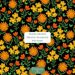Op de afbeelding: Een digitaal naadloos patroon met handgetekende oranje en gele bloemen met groene stengels en bladeren op een zwarte achtergrond. De centrale tekst luidt: Hand-drawn digital seamless pattern. Het onderste logo luidt: Penrose Studio.