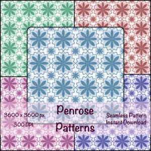 Puede incluir: Una imagen digital que muestra una colección de patrones florales sin costuras en varios colores. El patrón central presenta grandes flores azules sobre un fondo blanco. Los patrones circundantes incluyen diseños florales verdes, rojos, morados y azules. Se muestra el texto "Penrose Patterns".