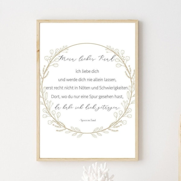 Poster mit christlichem Spruch | Spuren im Sand | Blumenrahmen