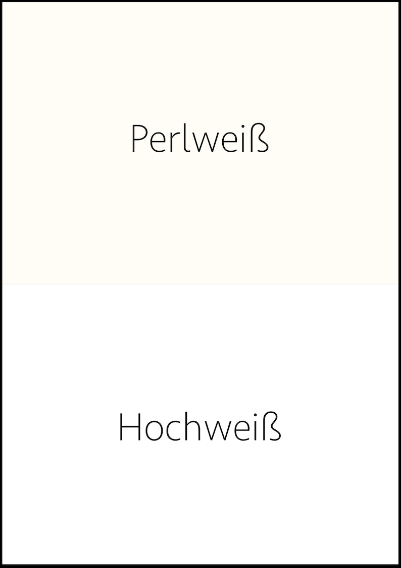 Op de afbeelding: Een witte achtergrond met de tekst "Perlwei&szlig;" bovenaan en "Hochwei&szlig;" onderaan.