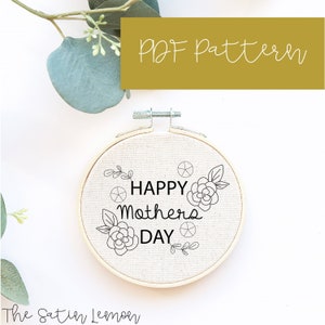 Happy Mother&#39;s Day Embroidery PDF / Flower Embroidery Pattern / DIY Embroidery / DIY Bag Stick / Hat Stick / Cloth Stick
