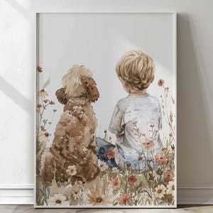 Goldendoodle-kwekerij print, jongen en hond print, goldendoodle kunst aan de muur, peuter kamer decor, kunst aan de muur kinderkamer hond, puppy kamer decor, digitaal