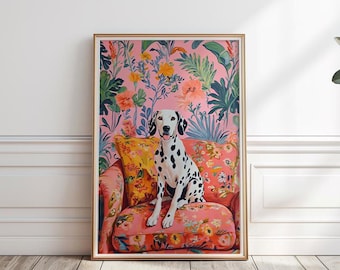 May include: A Dalmatian dog sits on a pink floral patterned armchair with a yellow floral patterned pillow. The background is a pink wall with a floral pattern.