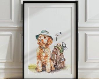 Goldendoodle golf print, Goldendoodle Golfing Wall Art, Dog Playing Golf, Kid room decor golf, Goldendoodle dog print, Printable
