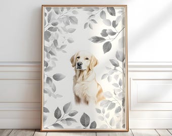 Lámina infantil de Golden Retriever: Arte floral vintage para perros (descarga digital)