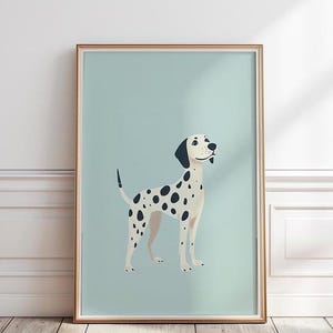 Könnte beinhalten: Eine gerahmte Illustration eines Dalmatiners mit schwarzen Flecken auf hellblauem Hintergrund.