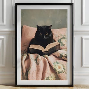 Katzenlesebuchdruck, schwarze Katzenwandkunst, schwarze Katzenkunst für Buchliebhaber, gemütliche Kinderzimmerkunst, Katzenschlafzimmerdekor, Katze mit Buchdruck, P732