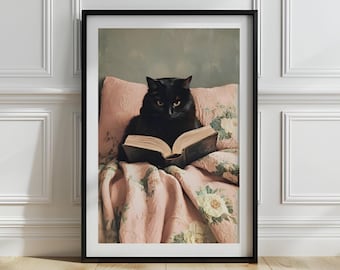 Black Cat Reading Book Art Print: Cozy Nursery Decor (Digital Download)