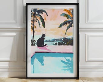 Retro Cat Print: Mid Century Modern Pink Pool Art (Digital Download)