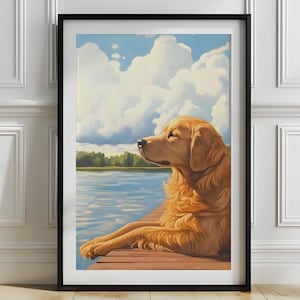 Impression de lac Golden Retriever, art mural Golden Retriever, décoration d&#39;intérieur Golden Retriever, impression de chambre de bébé Golden Retriever, art de chien d&#39;été, P701
