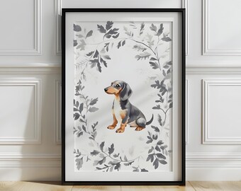 Floral Dachshund Nursery Print: Vintage Wiener Dog Wall Art (Digital Download)