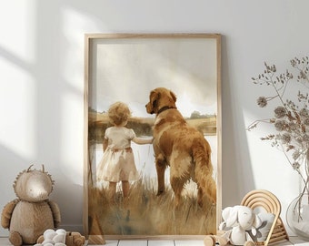 May include: A watercolor painting of a young girl in a white dress with a golden retriever dog. The girl is holding the dog's leash and they are standing in a field of tall grass.